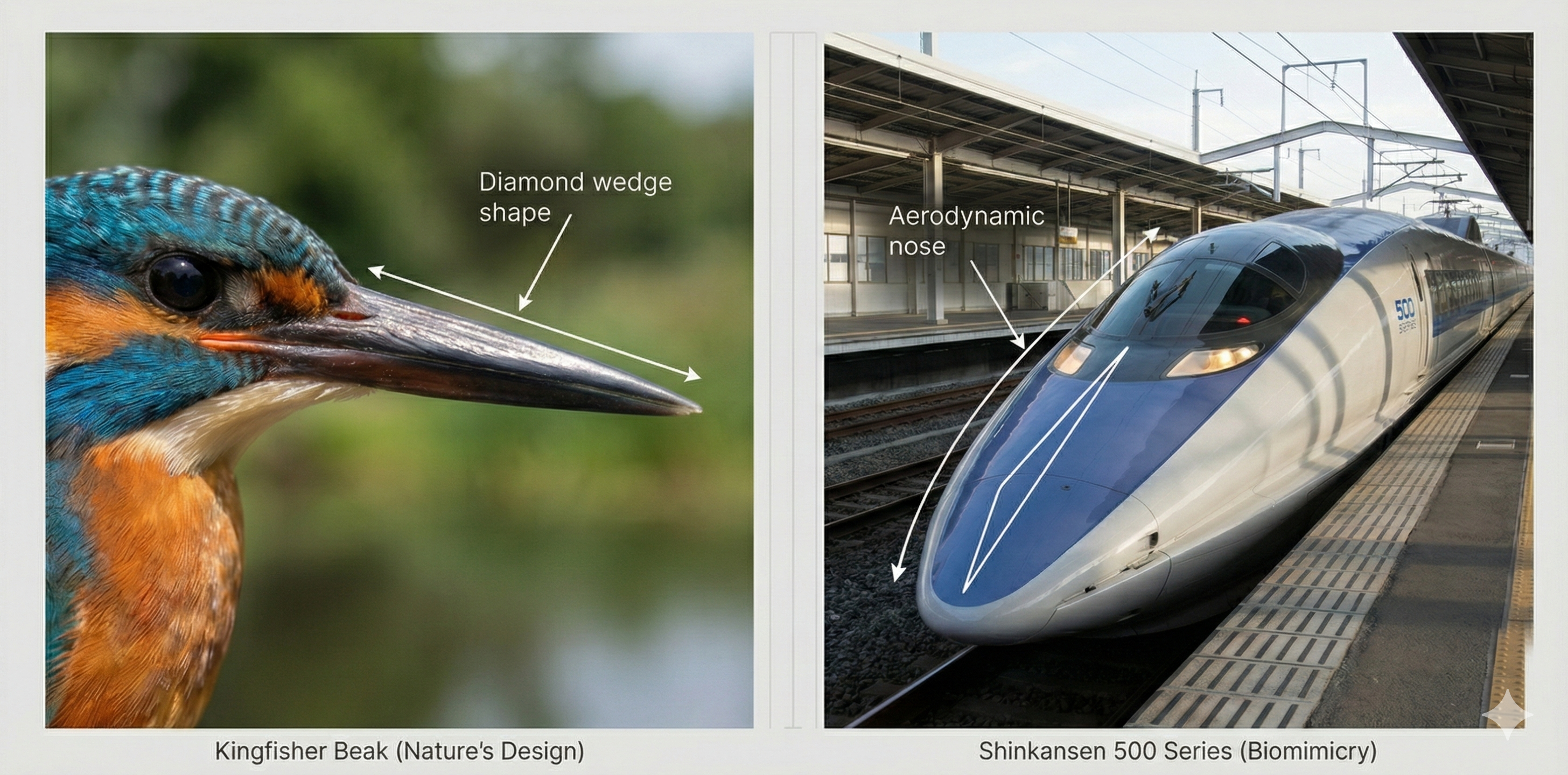 Side-by-side comparison of Kingfisher beak and Shinkansen 500 Series nose showing similar aerodynamic design